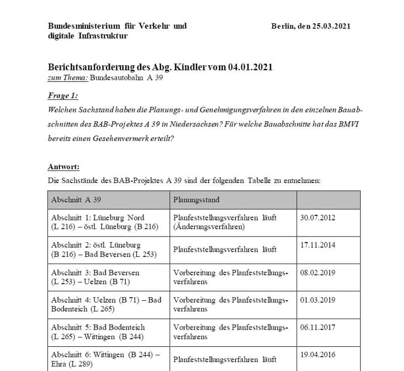 Schreiben des Verkehrsministeriums zur A39