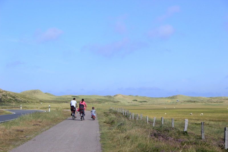 Familie auf Rädern auf einem Radweg an der Straße in Dünenlandschaft